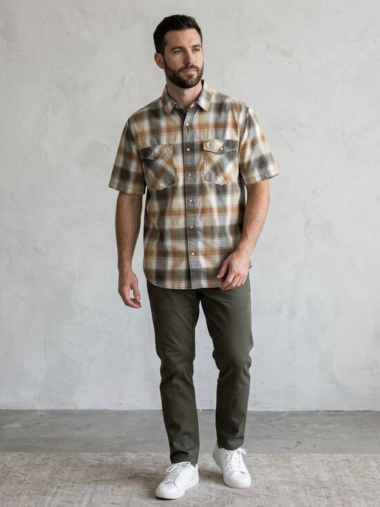 Carhartt Other - Carhartt Men's Large Relaxed Fit Short Sleeve Plaid Shirt Snap‎ Button EUC